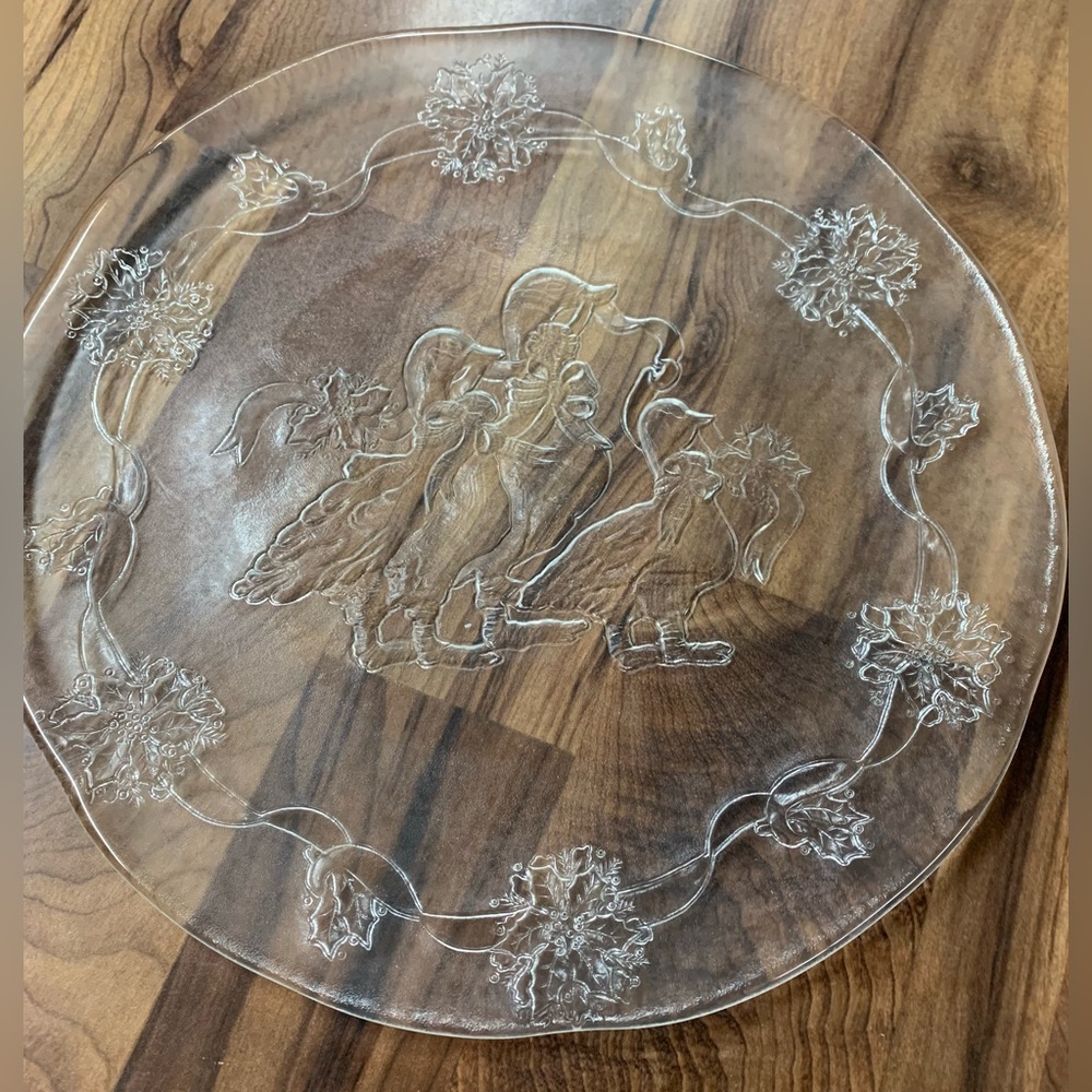 Vintage Holiday Platter Glass Dish Christmas Ducks Poinsettia 12.5" Cottagecore